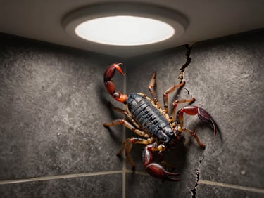 Close-up of a scorpion near a dark wall crack in a residential bathroom, practical overhead light