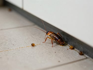 Extreme close-up of cockroach droppings and grease trails along a kitchen baseboard, natural daylight, documentary style