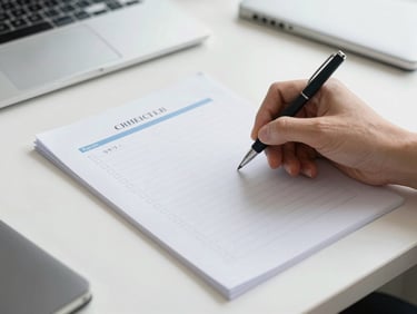 A close-up of a hand marking a checklist on structured paper, clean editorial photography, bright neutral daylight, minimalist desk, 35mm