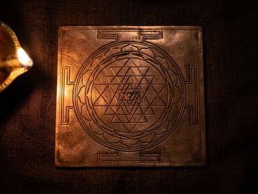 Close-up of a hand-etched copper yantra on raw silk, dramatic side-lighting resembling oil lamps, deep shadows, macro lens, 35mm.