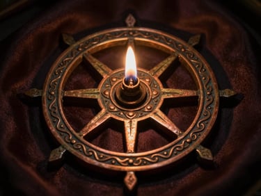 Macro close-up of a hand-etched copper yantra, showing intricate geometric patterns and tarnished brass tones, resting on raw silk under dramatic oil lamp lighting. Deep shadows highlight the craftsmanship.