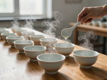 Wide-angle shot of a cupping lab session in progress, ceramic cupping bowls arranged in a row on a wooden table, a hand holding a cupping spoon mid-pour, natural north-facing window light illuminating the steam rising from the cups, no faces visible