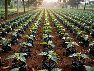 Ground-level shot of a coffee seedling nursery on a Ugandan smallholder farm, rows of young plants in black polythene bags, morning light filtering through the canopy above, rich red-brown soil visible at the base of each plant