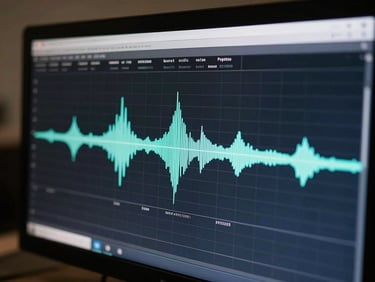 Close crop of a terminal window showing a transcription waveform and timestamped text output on a dark monitor, cool LED lighting, shallow depth of field