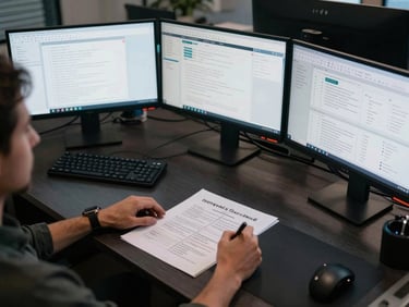 Wide overhead shot of a dense workspace — multiple monitors showing live dashboards and UI wireframes, hands annotating a printed strategy brief on a dark desk, cool studio lighting, sharp focus on the screens