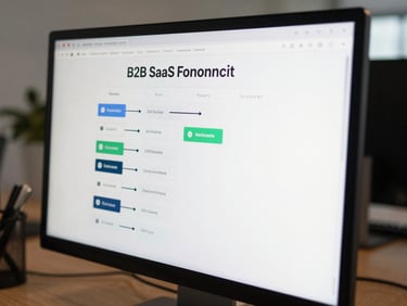 Close-up of a B2B SaaS onboarding flow on a monitor screen, clean interface with step indicators, cool daylight, workspace context