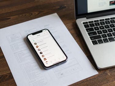 Overhead shot of a mobile app UI wireframe printed on paper next to a laptop showing the live deployed interface, cool daylight, workspace density