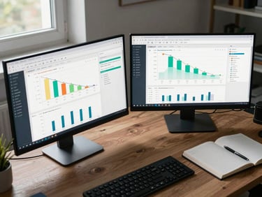 Wide overhead shot of a workspace with two monitors displaying a live ecommerce analytics dashboard, real conversion funnel charts visible, cool daylight from a side window, keyboard and notebooks in frame
