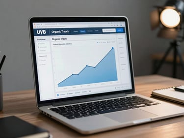 Wide shot of a content marketing analytics dashboard on a laptop, organic traffic graph trending upward, cool studio lighting, desk with notebook