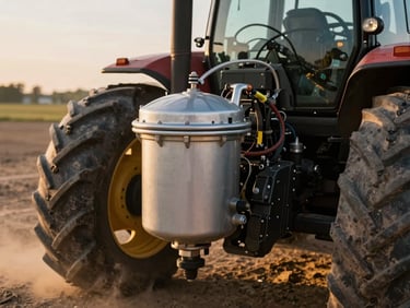 Close-up of a massive tractor engine fuel filter being serviced in a dusty field, dramatic golden hour lighting, technical detail.