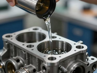Macro shot of mechanical fluid being poured into a clean engine component inside a professional workshop, focused lighting.