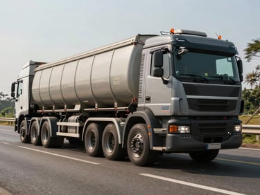 Wide shot of a heavy cargo truck driving on a highway in São Paulo, high-contrast daylight, focus on the exhaust and wheels.