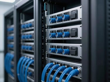 Real server racks with clean, organized blue and cyan cable management, cool daylight studio lighting, macro detail focus, 35mm lens
