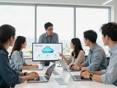 Modern collaborative tech workspace in Aurora Colorado, bright natural window light, professional team analyzing cloud architecture diagrams, 35mm lens