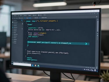 Close-up of a developer analyzing clean code on a high-resolution screen in a cool-toned modern workspace, sharp focus, 35mm lens