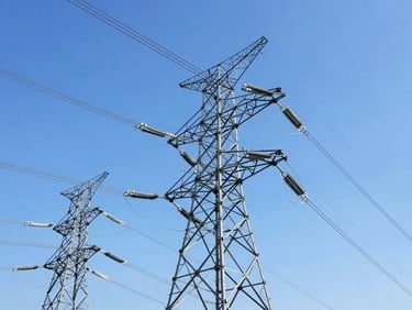 Low-angle heroic shot of high-voltage transmission towers against a crisp clear blue sky, bright daylight, sharp focus, professional industrial photography.