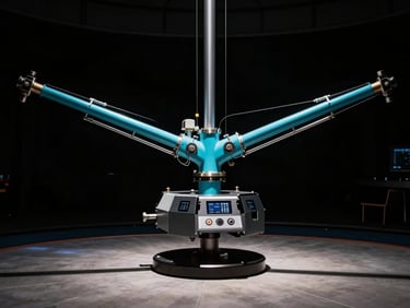 Dramatic low-key wide shot of a multi-axis motion flight simulator cockpit, hydraulic cylinders extended, sharp cyan lighting on metallic joints, black background