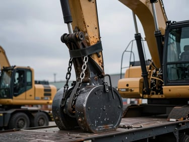Close-up of heavy-duty rigging chains and tension binders securing a large excavator onto a flatbed trailer, dramatic overcast daylight, highlighting steel textures.