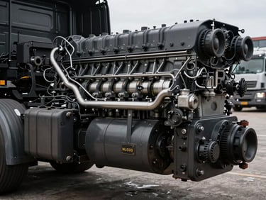 Detailed close-up of a well-maintained heavy-haul truck engine or suspension system, clean and robust, under workshop lighting, highlighting industrial precision.