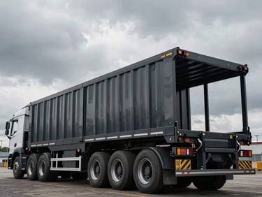 Low-angle heroic shot of a multi-axle heavy transport trailer, empty, showcasing its robust frame and numerous wheels, dramatic overcast daylight.