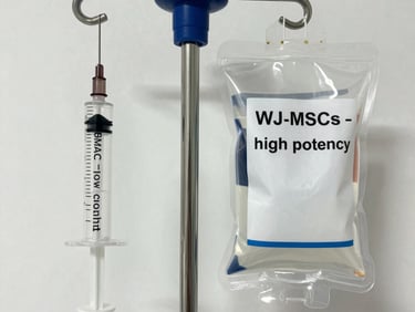 Medical IV stand holding a syringe and a bag of high potency WJ-MSCs for stem cell therapy treatment.