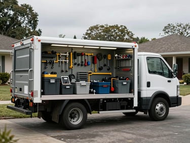 A clean local service truck parked on a quiet Stockton residential driveway during overcast daylight, tools organized neatly in the open back.