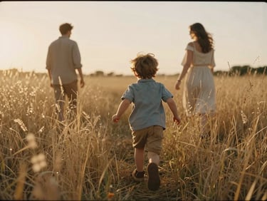 A child running through tall golden grass toward their parents, backlit by a warm setting sun, soft focus, cinematic 35mm aesthetic