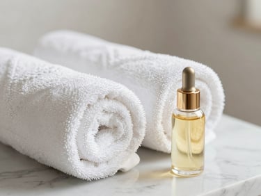 Macro detail of fresh rolled white towels and a delicate gold oil dispenser on a marble counter, soft flattering lighting, luxurious spa atmosphere.