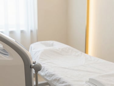 Close-up of specialized aesthetic equipment beside a pristine treatment bed, bright diffused natural light, soft cream walls with subtle gold accents.