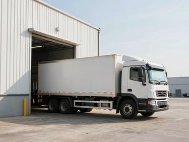 Clean warehouse dock with cargo being loaded onto a Zaria Enterprises Inc truck, bright morning daylight, crisp commercial photography