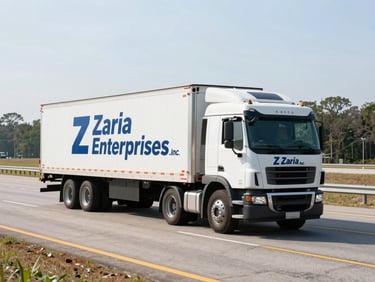 Wide environmental shot of a Zaria Enterprises Inc truck driving on a clear highway in the Carolinas, bright morning daylight.