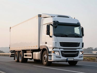 Modern commercial transport truck on a highway at sunrise, clean industrial tones, sharp focus, 35mm lens