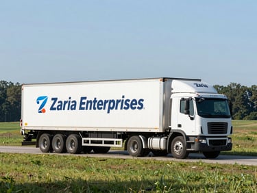 Wide environmental shot of a Zaria Enterprises Inc truck driving through a sunny, green landscape in Georgia, bright morning daylight.