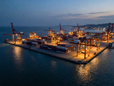 High-altitude drone shot of a massive industrial port terminal at dusk, container stacks lit by high-contrast orange night lighting, deep blue water, wide-angle lens.