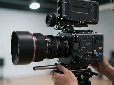 Close-up of a filmmaker's hands resting on a cinema camera's follow-focus ring, the lens barrel and matte box in sharp focus against a softly lit studio stage behind — cool-shadow cinematography, equipment surfaces catching a single overhead practical light, no people's faces visible