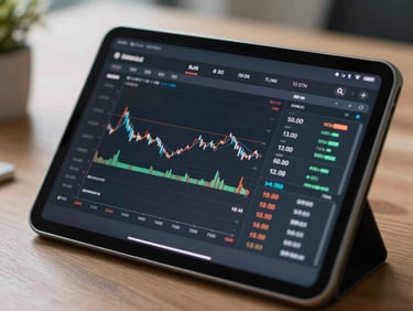 Close-up of a clean digital dashboard displaying structured financial metrics on a tablet, sharp focus, natural office lighting