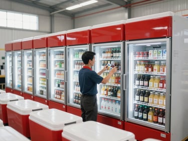 A local warehouse supervisor organizing chilled beverage coolers inside a modern distribution center, bright natural lighting, 35mm