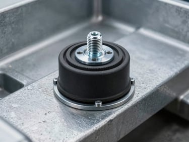 Heavy duty industrial rubber vibration isolator bolted to a steel chassis, industrial environment, cool steel tones.