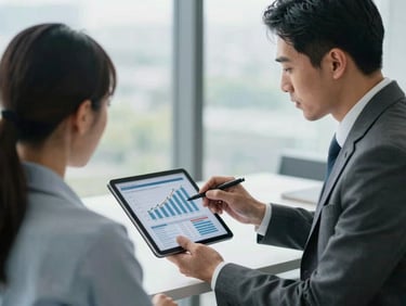 A professional executive mentoring session, a consultant in a tailored suit reviewing a financial growth chart on a tablet with an entrepreneur, natural daylight, cool blue undertones.