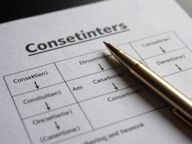 Macro shot of a structured consulting framework printed on heavy paper, a gold pen resting on a clean grid layout, soft dramatic lighting with deep navy shadows.