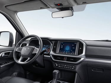 Clean modern truck interior showing the dashboard instrument panel under bright daylight, professional editorial style