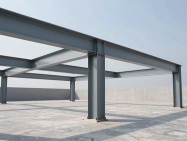 Modern construction environment with structural steel beams and clear daylight, sharp focus