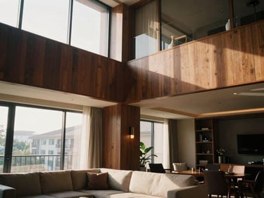 Medium-wide interior architectural shot of a modern living space in a residential hotel suite, featuring high ceilings, a comfortable sofa, and a large window, warm natural afternoon light, rich walnut tones.