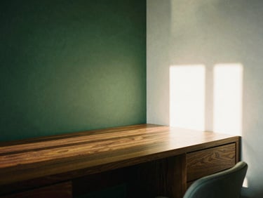 Sun-drenched workspace corner in a minimalist residential hotel suite, rich walnut desk, forest green accents, soft afternoon light, medium format film aesthetic.