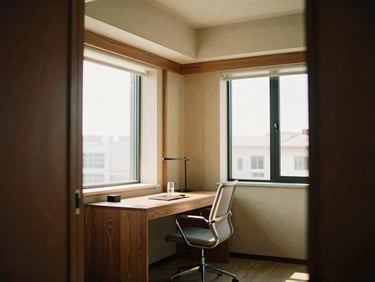 Medium-wide interior architectural shot of a dedicated workspace within a residential hotel studio suite, featuring a minimalist desk, ergonomic chair, and ample natural light, warm natural afternoon light, rich walnut tones.