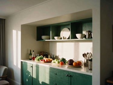 Medium-wide interior architectural shot of a beautifully styled kitchenette in a residential hotel suite, featuring local ingredients on a counter, forest green accents, and soft afternoon sunlight.