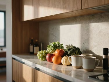 Beautifully styled kitchenette in a residential hotel suite, local produce on a marble counter, warm natural light, ceramic mugs, shallow depth of field.