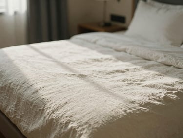 Close-up of tactile linen bedding on a bed in a minimalist residential hotel suite, soft afternoon light, quiet, serene atmosphere, medium format film aesthetic.