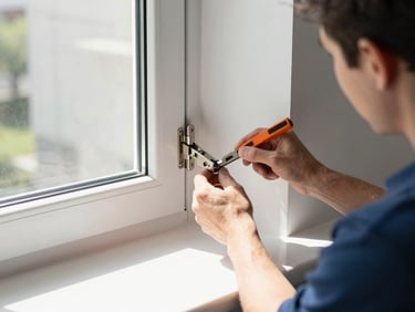 A technician with precise tools adjusting the heavy-duty hinges of a modern casement window, bright natural light