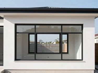 Straight-on architectural shot of a modern home under construction, clean window openings with newly installed black frames